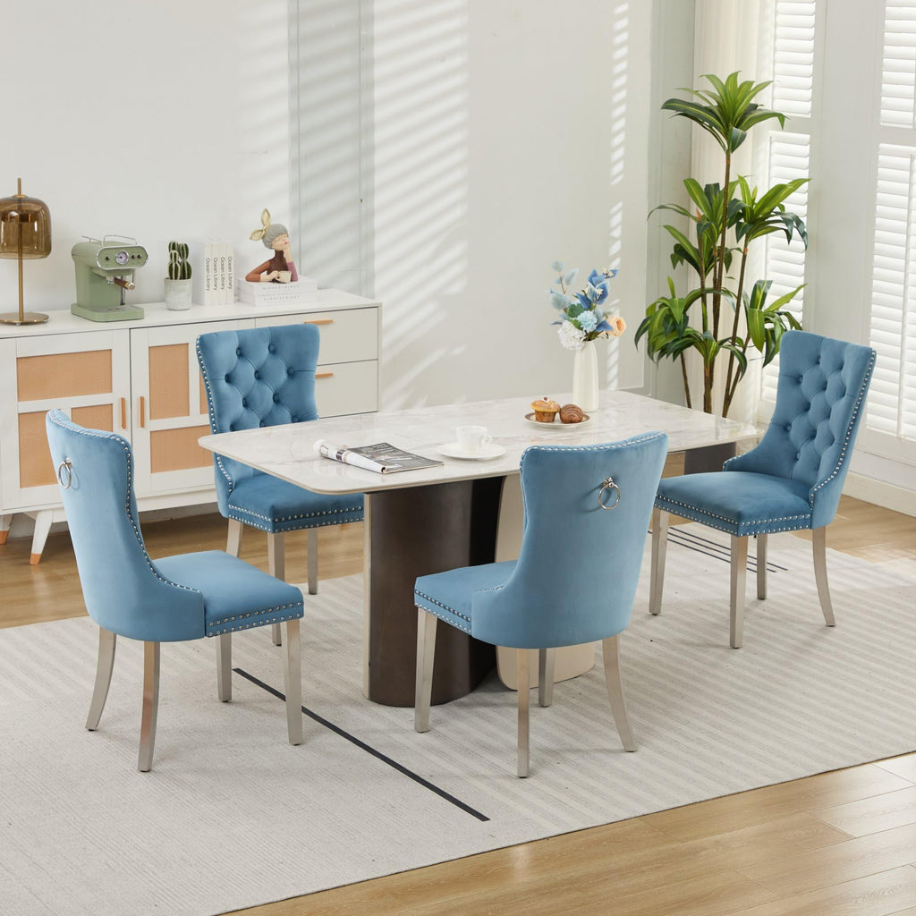 Velvet Dining Chairs Set of 4, Tufted Upholstered High Wingback Chairs with Nailhead Trim & Pull Ring, Silver
