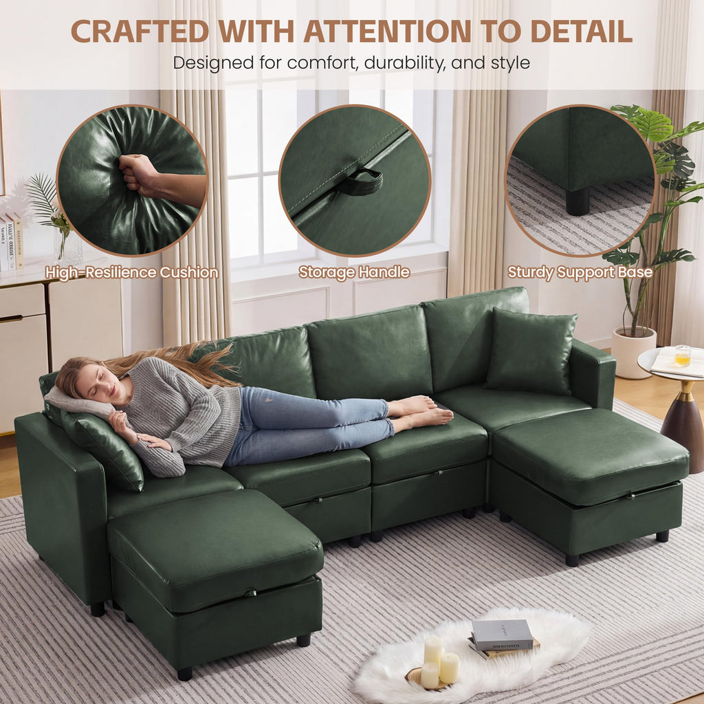 Modular Sectional Couch, 107" Faux Leather Storage 4 Seat Sofa, Green