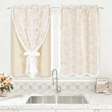 Beige Kitchen Curtains 36 Inch Length Double Layer Blackout Cafe Curtains with Floral Sheer Overlay Rod Pocket Short