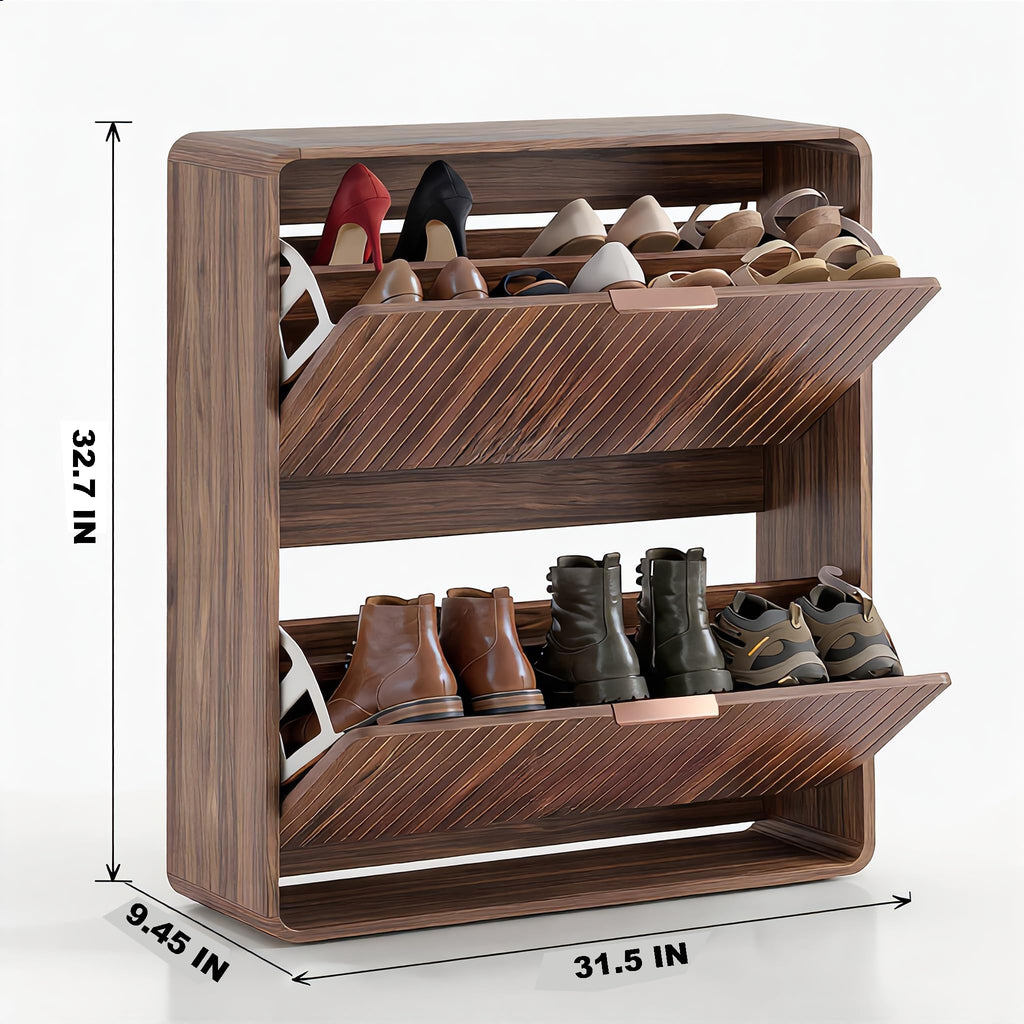 Modern Shoe Cabinet with 2 Flip Drawers, Fluted Panel Freestanding Wood Organizer, Walnut