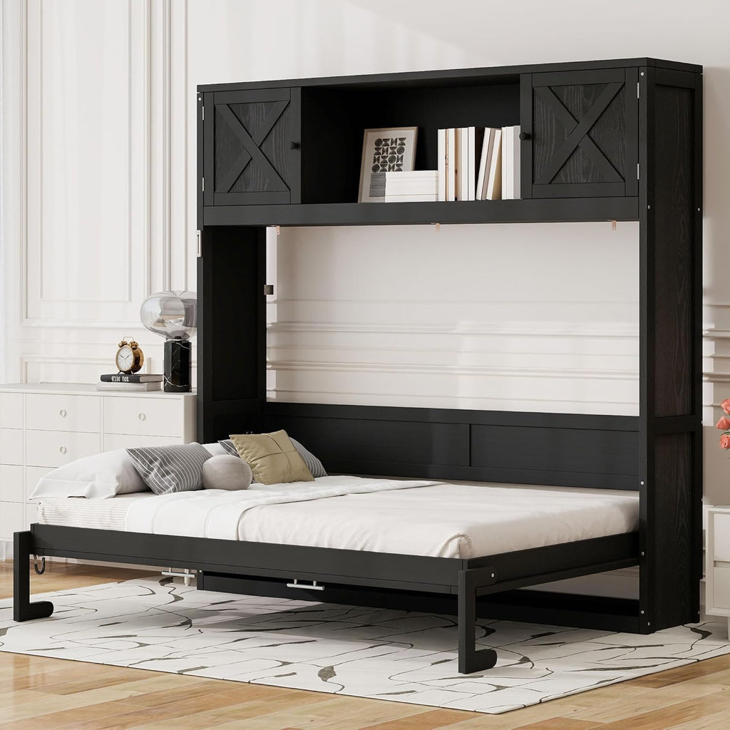 Queen Murphy Bed with Storage Cabinets, Wood Murphy Bedframe with Bookcase Shelves, Folding Wall Bed Cabinet for