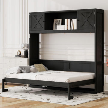 Full Horizontal Murphy Bed with Storage, Farmhouse Wooden Wall Bed with Cabinets and Bookcase, Space-Saving Foldable