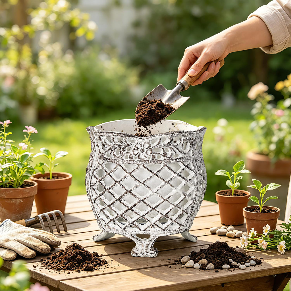 Vintage Cast Iron Urn Planter with Non-Woven Bag, Vintage White