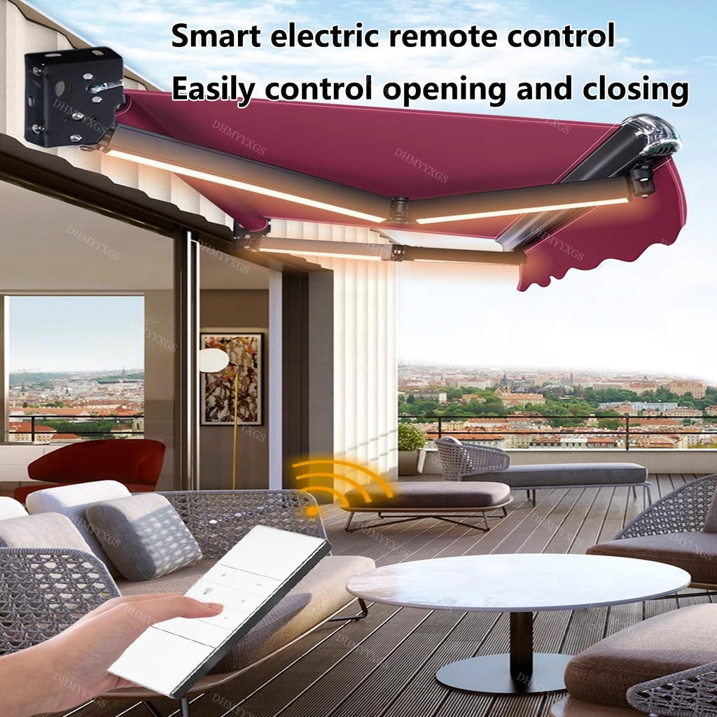 Motorized Retractable Electric Awning Canopy , Garden, Deck & Balcony - UV & Water-Resistant Fabric, Adjustable