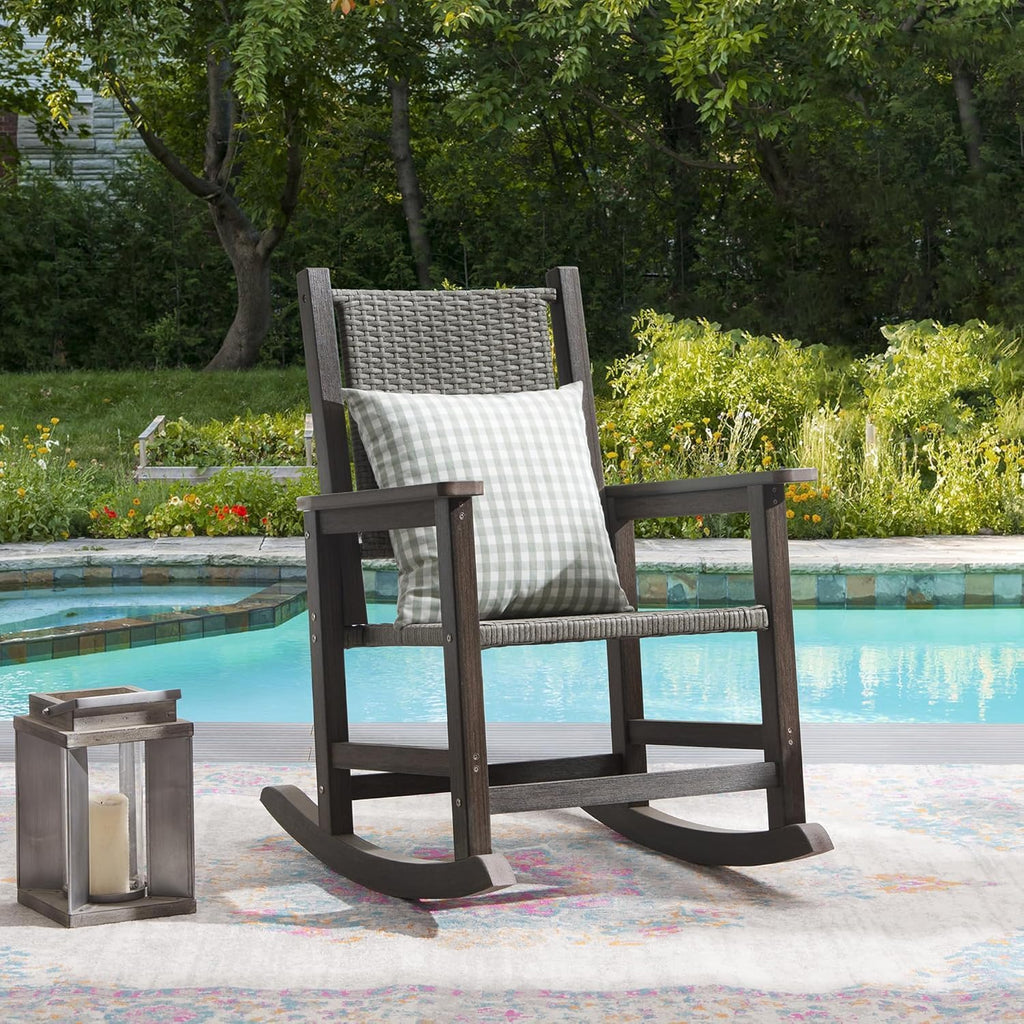 HDPE Outdoor Rocking Chair, All-Weather Wicker Porch Rocker, Dark Brown | Durable HDPE frame with woven seat and