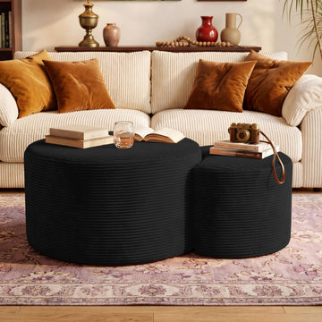 Boneless Ottoman Nesting Coffee Table Set of 2, Corduroy Soft Foot Rest Movable Large Pouf Footstool Sofa Couch