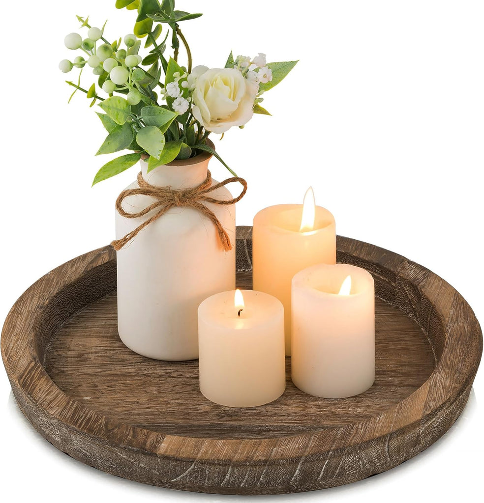 Candle Plate Holder Tray: Round Wood Decorative Candle Plate - Rustic Farmhouse CoffeeTable Decor