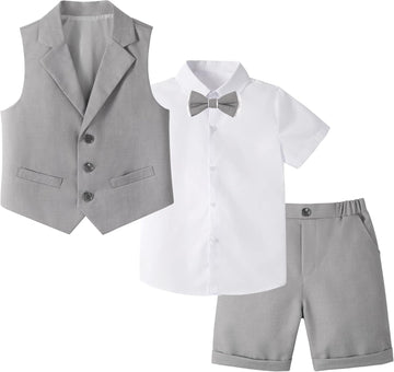 4Pcs Boys Suit, Kids Summer Dress Outfits Shirt Vest Shorts Bow Tie
