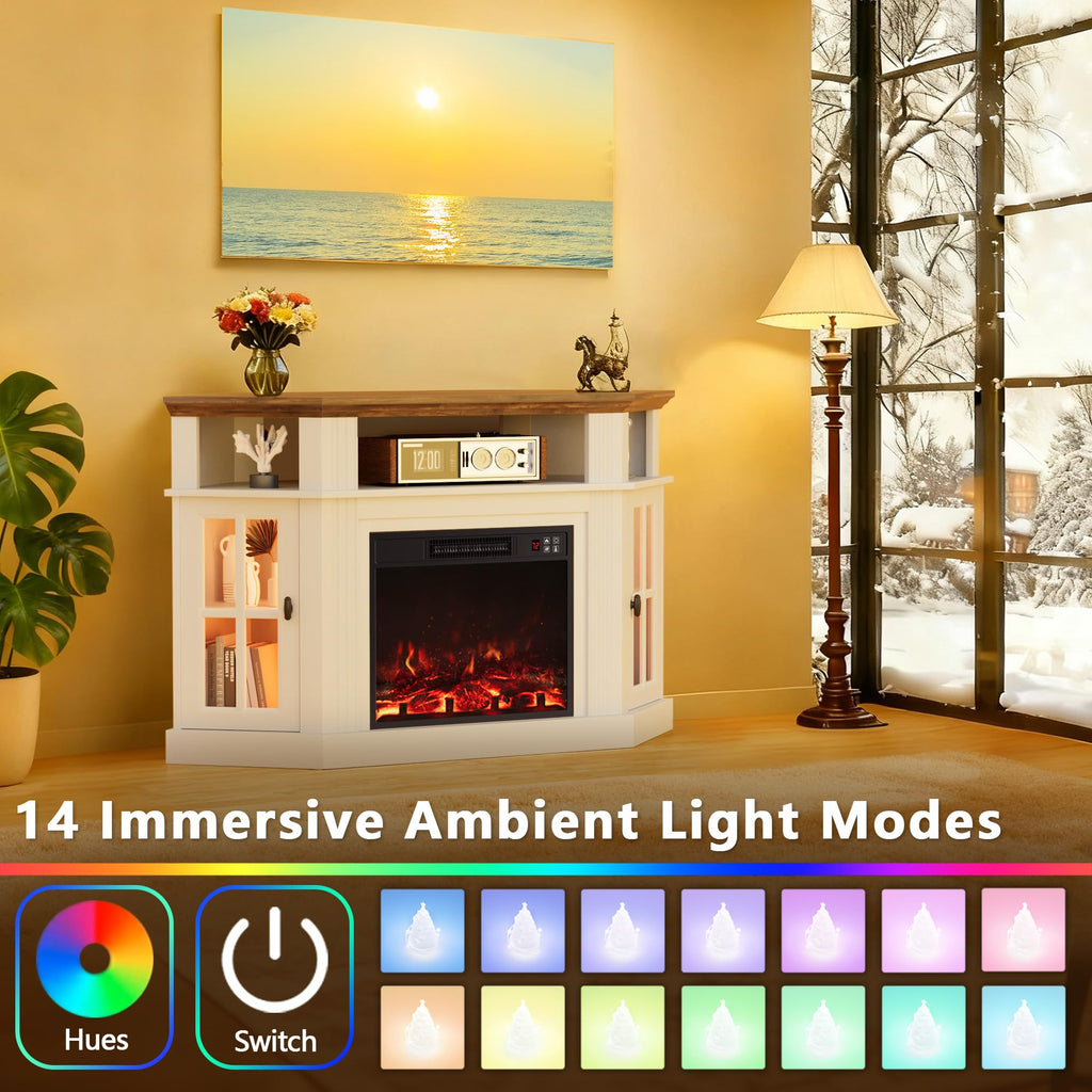 LED Fireplace Corner TV Stand for Up to 55 Inch, Antique White