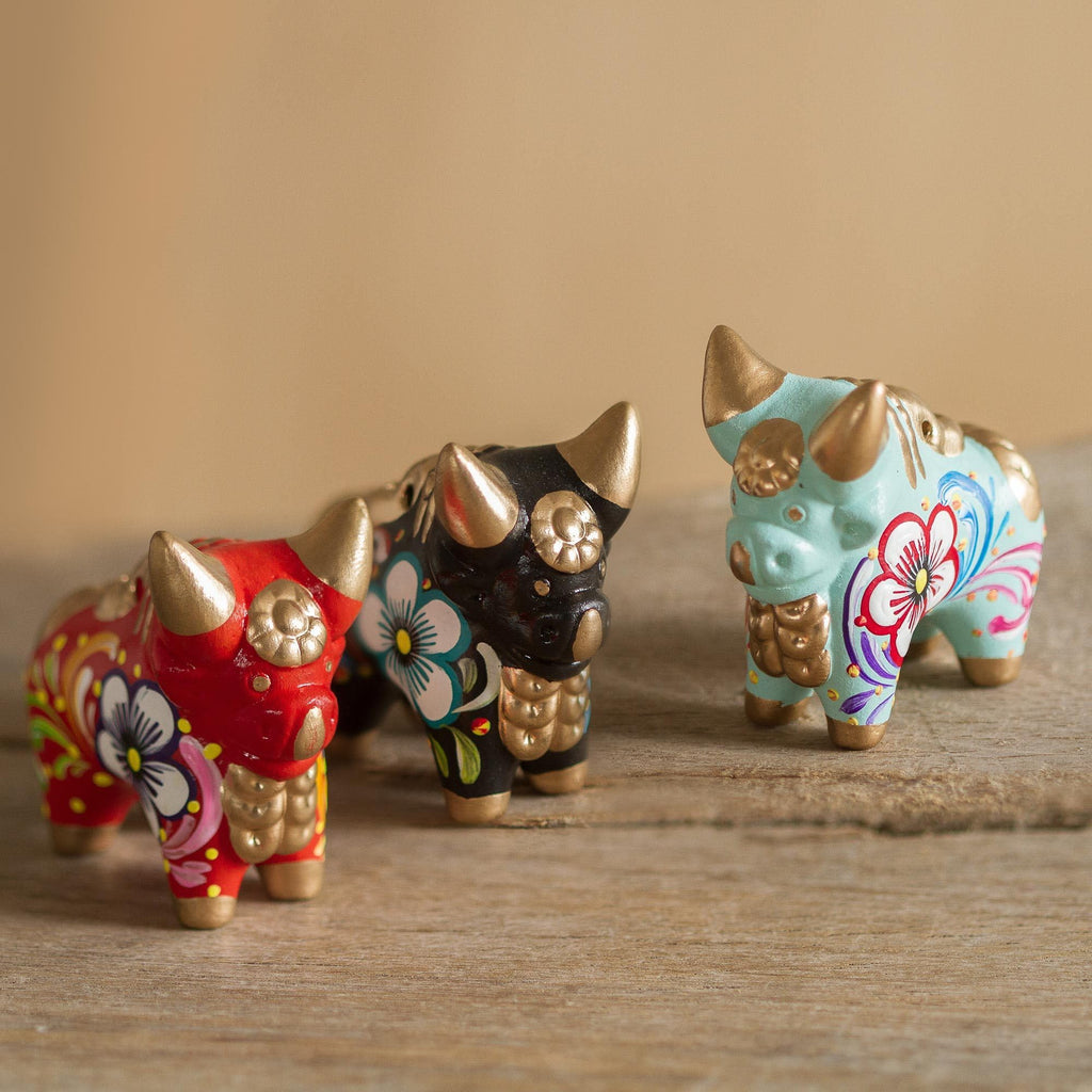 Ceramic Bull Peru | Handmade Multicolor Figurines | Animal Sculpture | Artisan Crafted Bull Figurines | Statuette