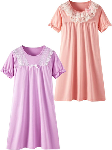 Girls Nightgowns Vintage Princess Night Gown Dress for Toddler Kids Short Sleeve Nightdress Pack