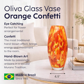 Murano Style Art Glass Vase Hand Blown Orange Confetti Effect Home Decor