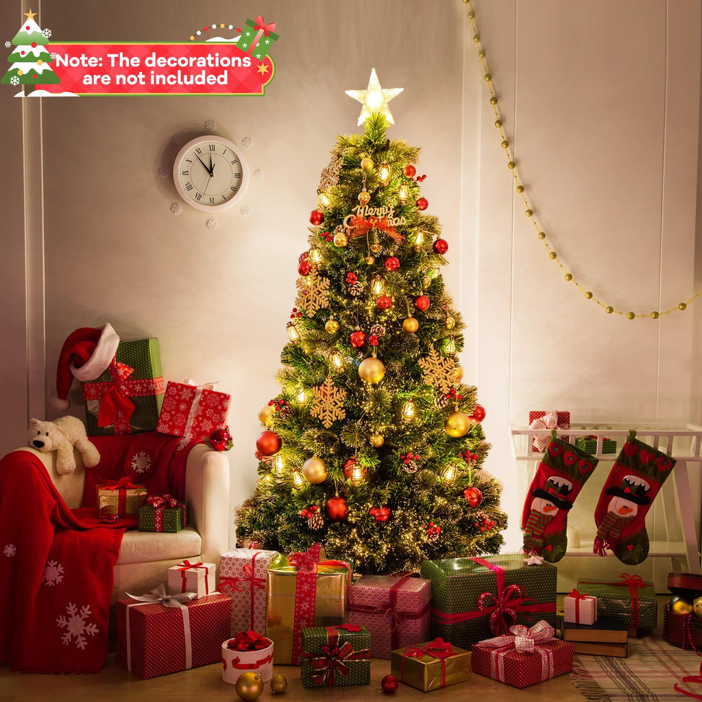 6 FT Pre-lit Fiber Optic Christmas Tree, Artificial Xmas Tree with 220 Branch Tips, 30 Retro Kerosene Lamps, Treetop