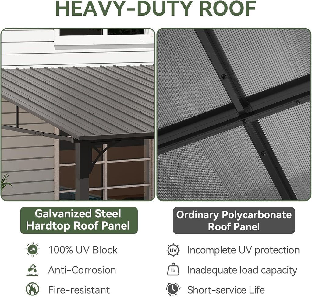 10' x 12' Hardtop Lean-to Gazebo, Wall-Mounted Pergola with Sloping Galvanized Steel Roof – Black