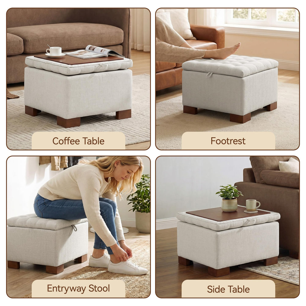 24 Inch Square Storage Ottoman Coffee Table, Modern Tufted Upholstered Ottoman with Flip Tray and Solid Wood Legs