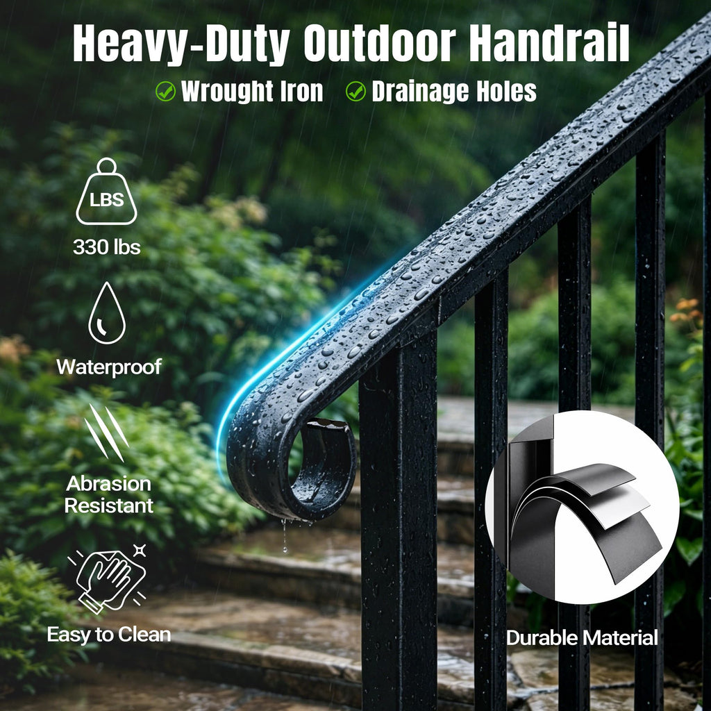 5 Step Handrails for Outdoor Steps, Wrought Iron Stair Railing Fits 4 or 5 Steps, Metal Hand Rail with Installation