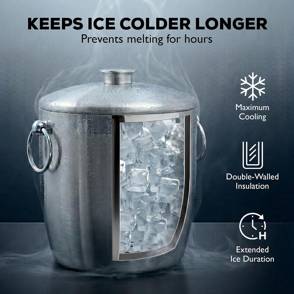 Insulated Ice Bucket With Lid, Tongs & Strainer - 3 Liter Premium Stainless Steel Ice Bucket for Cocktail Bar, Keeps