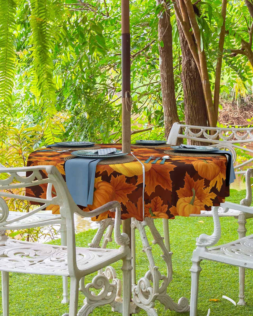 Thanksgiving Outdoor Tablecloths with Umbrella Hole and Zipper, Fall Pumpkin Maple Leaves Orange Yellow Brown