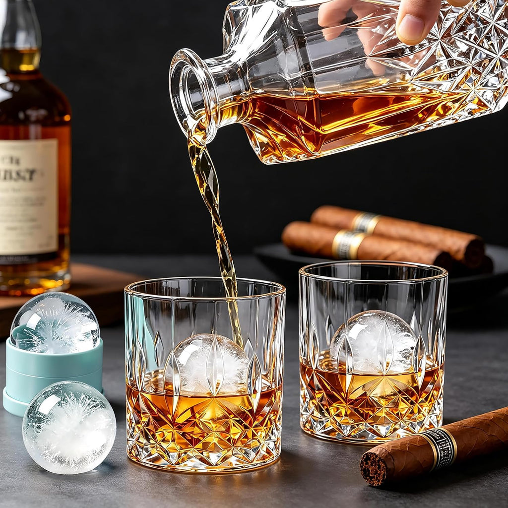 Whiskey Glasses, Set of 16 (8 Rocks Glasses 8 Whiskey Ice Ball Molds), 11 OZ Old Fashioned Glass for Bourbon Vodka