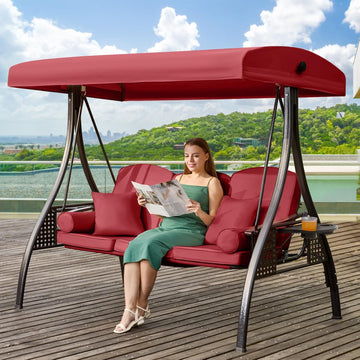 3 in 1 Outdoor Porch Swing with Adjustable Canopy, 3 Seat Outdoor Swing for Adults, Patio Swing Chair with Thickened