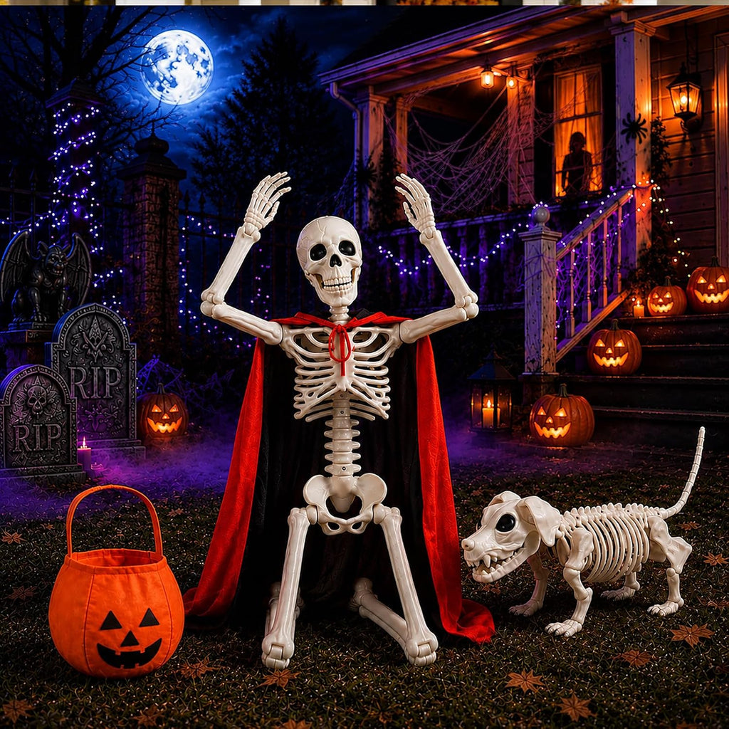 36'' Halloween Skeleton Decoration with Skeleton Dog, Cape and Pumpkin Bag