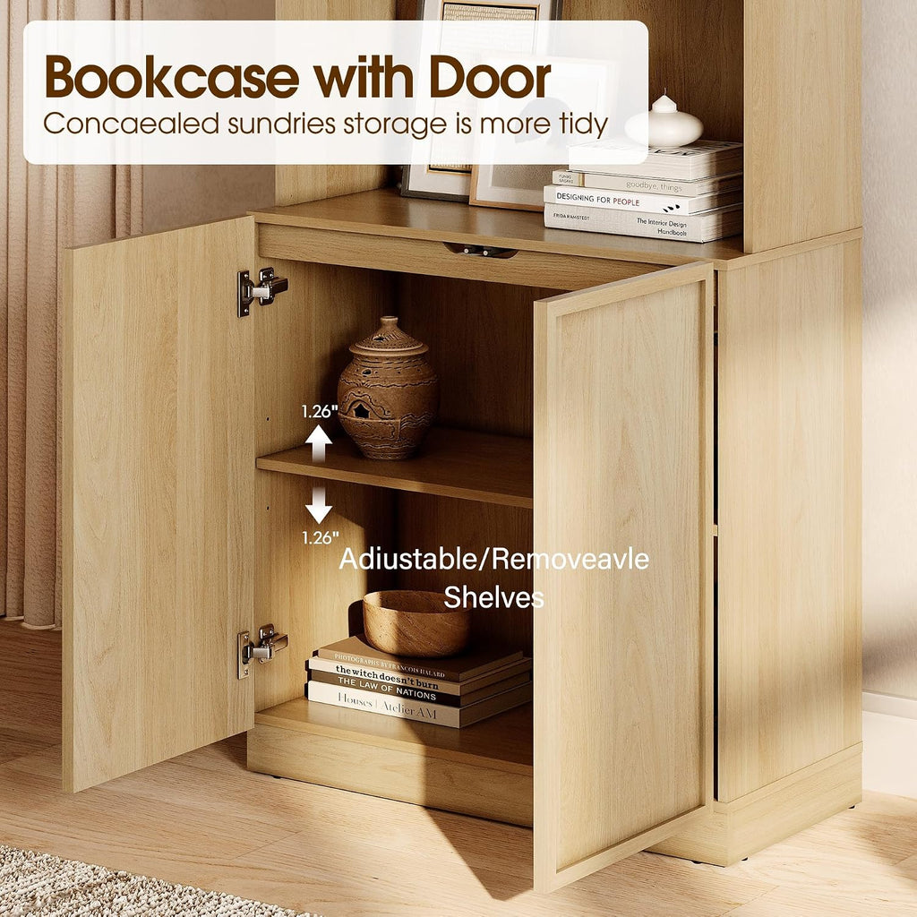 Modern 72" Tall Bookshelf with Glass Doors & Adjustable Shelves, Library Bookcase with Closed Storage Cabinet and