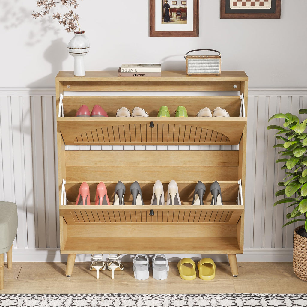 Shoe Storage Cabinet with 2 Fluted Flip Drawers, Oak