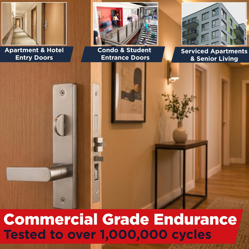 Grade 1 Commercial Mortise Lock Set, F20 Apartment Corridor Function, Escutcheon Panel Trim, Satin Stainless Steel