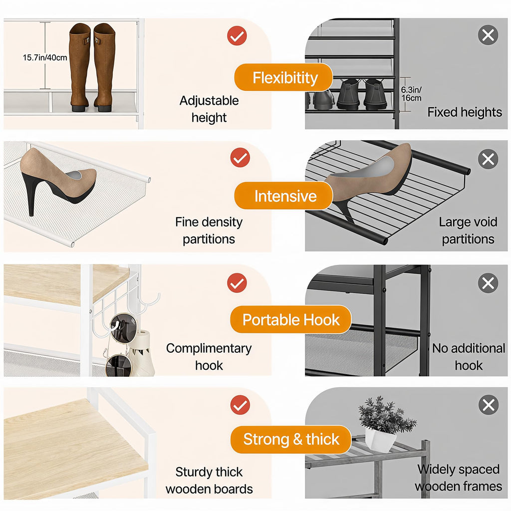 4 Tier Shoe Rack, Shoe Rack with Hook, Shoe Organizer with Adjustable Mesh Shelves, Metal Shoe Storage, Closet