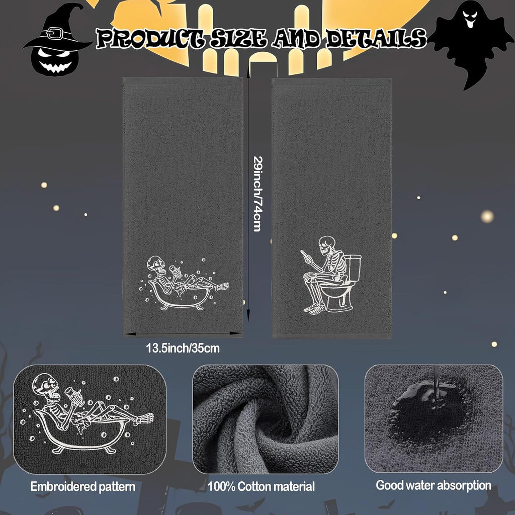 Luminous Halloween Hand Towels 100% Cotton Embroidered Skull Halloween Kitchen Towels Glow in The Dark Black - Set of 2