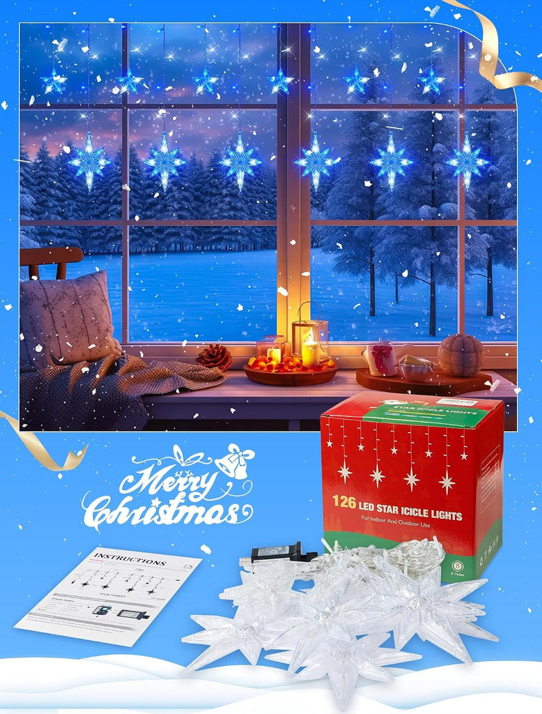 Icicle Lights Outdoor,126 Led 12 Star Hanging String Light