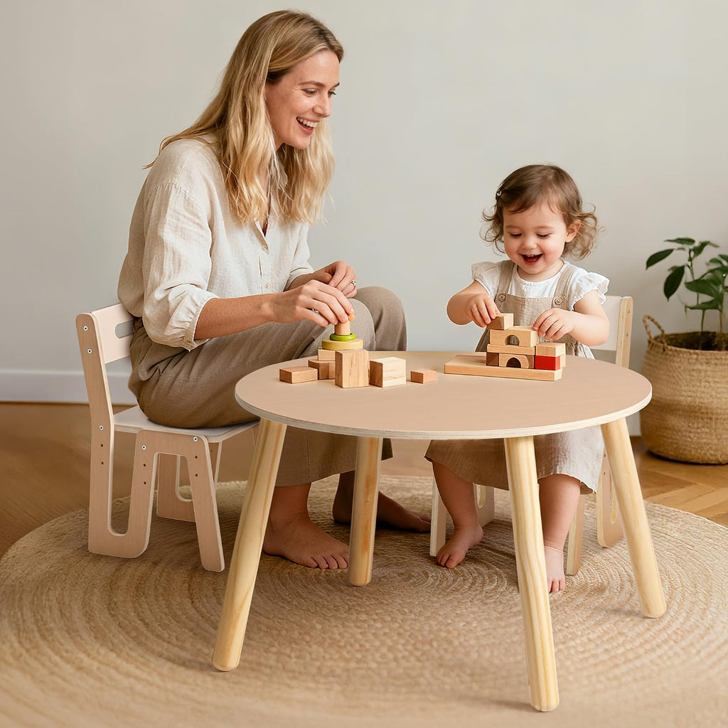 Wooden Kids Table and Chairs, Adjustable Height Toddler Table and Chair Set, Round Kids Desk and Chair Set for Ages