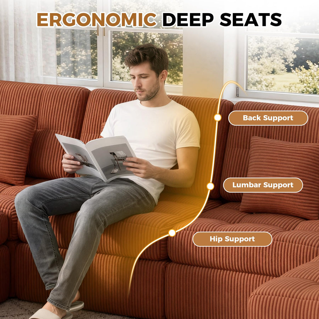 144" U Shaped Cloud Boneless Couch, Modern Modular Sectional Sofa with Layered Cushion, No Assembly Convertible