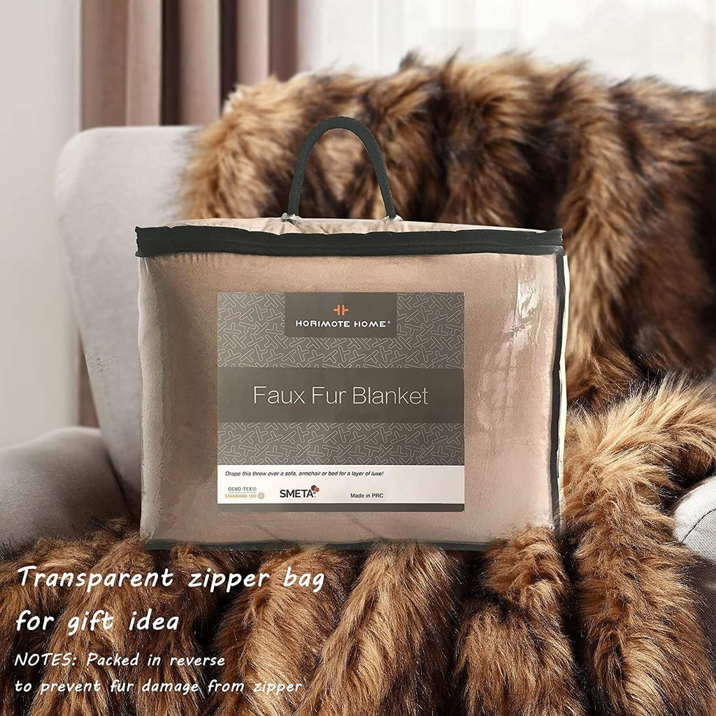 Plush Faux Fur Blanket Queen Size, Long Pile Brown with Black Tips, Oversized Super Warm, Fuzzy, Elegant, Fluffy