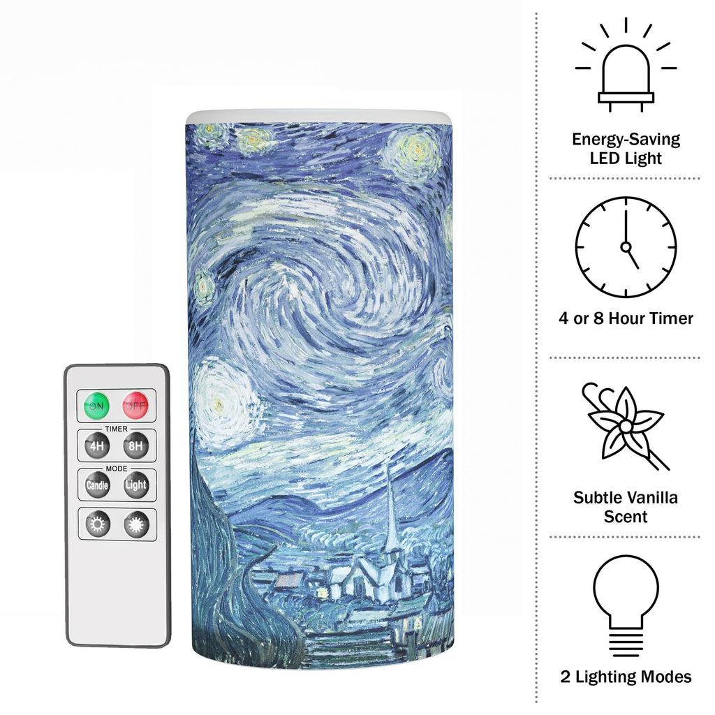Van Gogh Wall Art Set - Lighted Canvas Starry Night Print with Timer Fiber Optic Lights and LED Flameless Candle