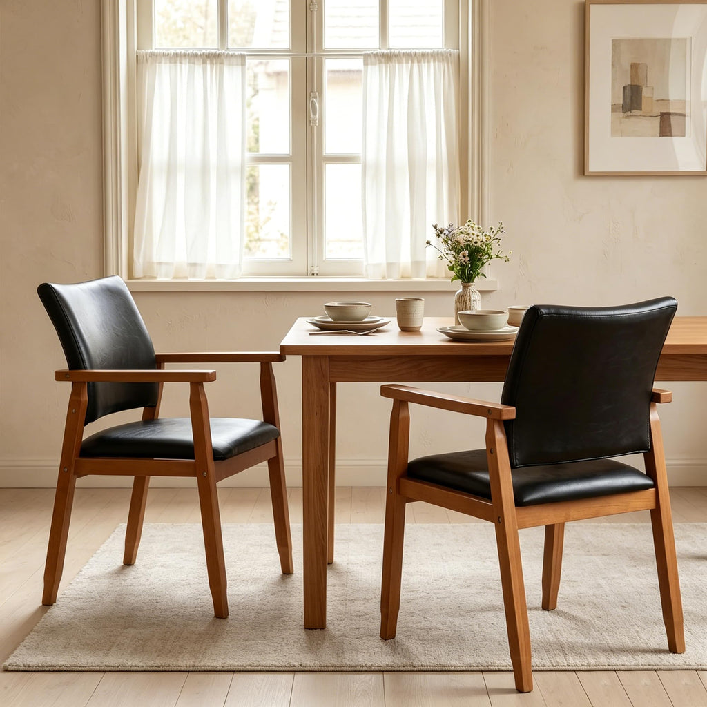 Mid-Century Modern PU Leather Dining Chair with Arms, Solid Wood Frame, 320 lbs Weight Capacity, Upholstered Accent