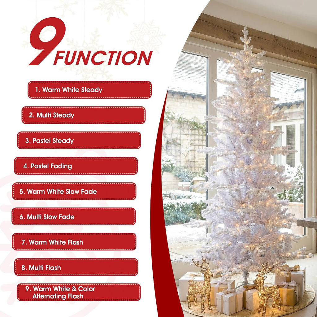 Prelit Artificial Christmas Tree, Slim Flocked Christmas Tree Elegant White Frostfall Fir with 1,486 Tips, 360