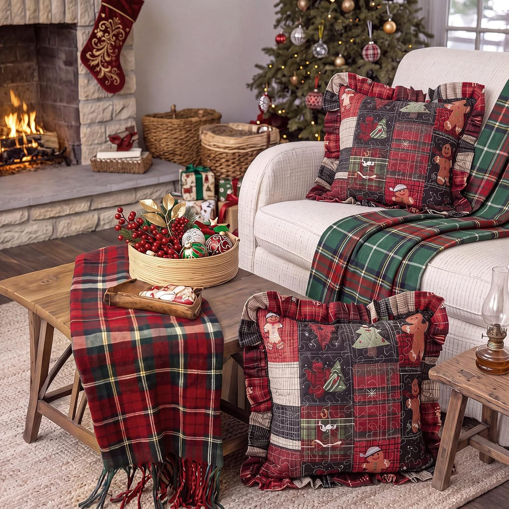 Christmas Gingerbread Man Quilted Pillow Covers 18 x 18 Inch - Set of 2