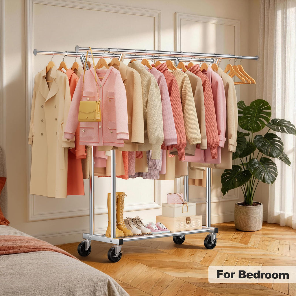 Heavy Duty Rolling Garment Rack, Double Rod Clothing Organizer, Silver
