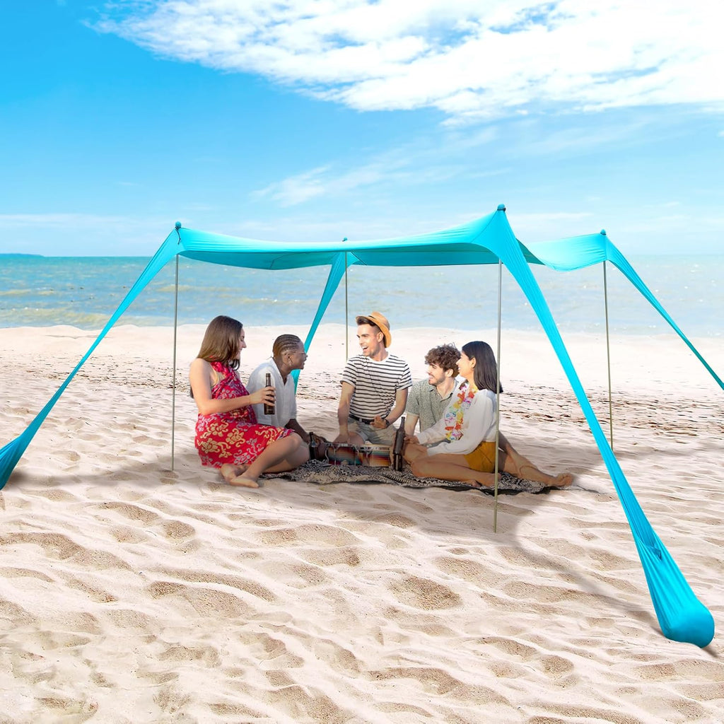 Family Beach Tent Canopy Sun Shade, Pop Up Grande Beach Tent Sun Shelter Stability 4 Poles with Portable Carry Bag