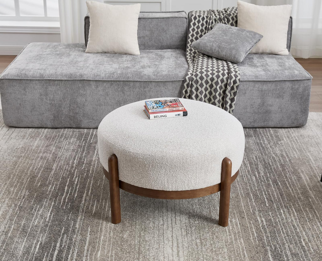 29" Round Ottoman Modern Boucle Upholstered Footstool Mid Century Large Footrest with Wooden Legs Soft Circle Ottoman