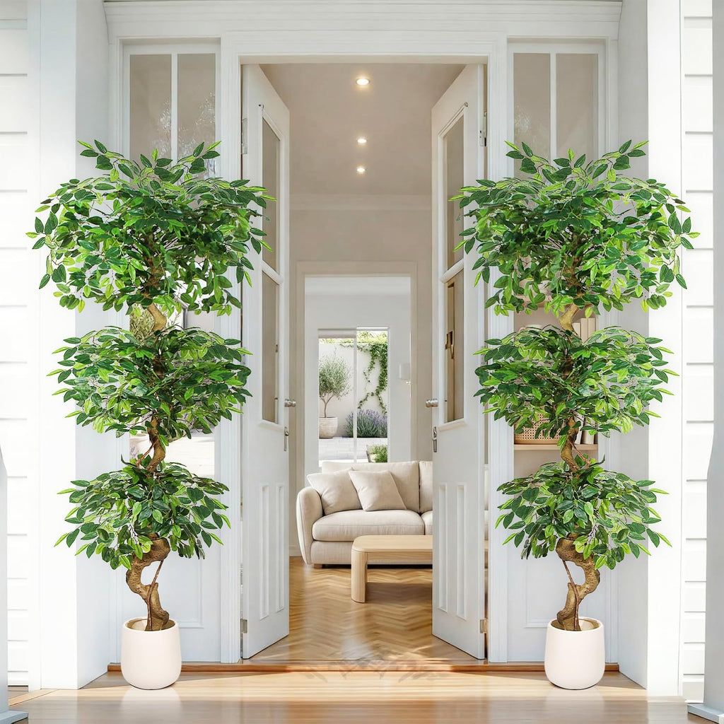6FT Artificial Ficus Tree,Large Fake Tree with White Planter, Tall Faux Ficus Tree with Lifelike Leaves and Realistic
