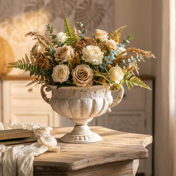 Vintage Distressed White Urn Planter with Embossed Pattern & Handles, 13.58" Iron Decorative Flower Pot, Classic