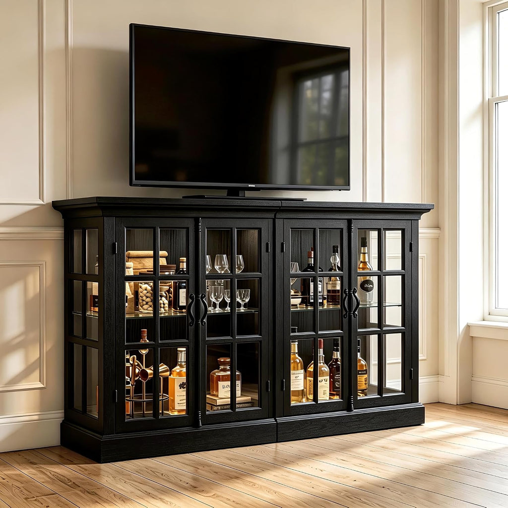 Modern 43" Display Cabinet, Vintage Curio Cabinet with LED Light and Wine Glass Holder, Farmhouse Wine Bar Cabinet