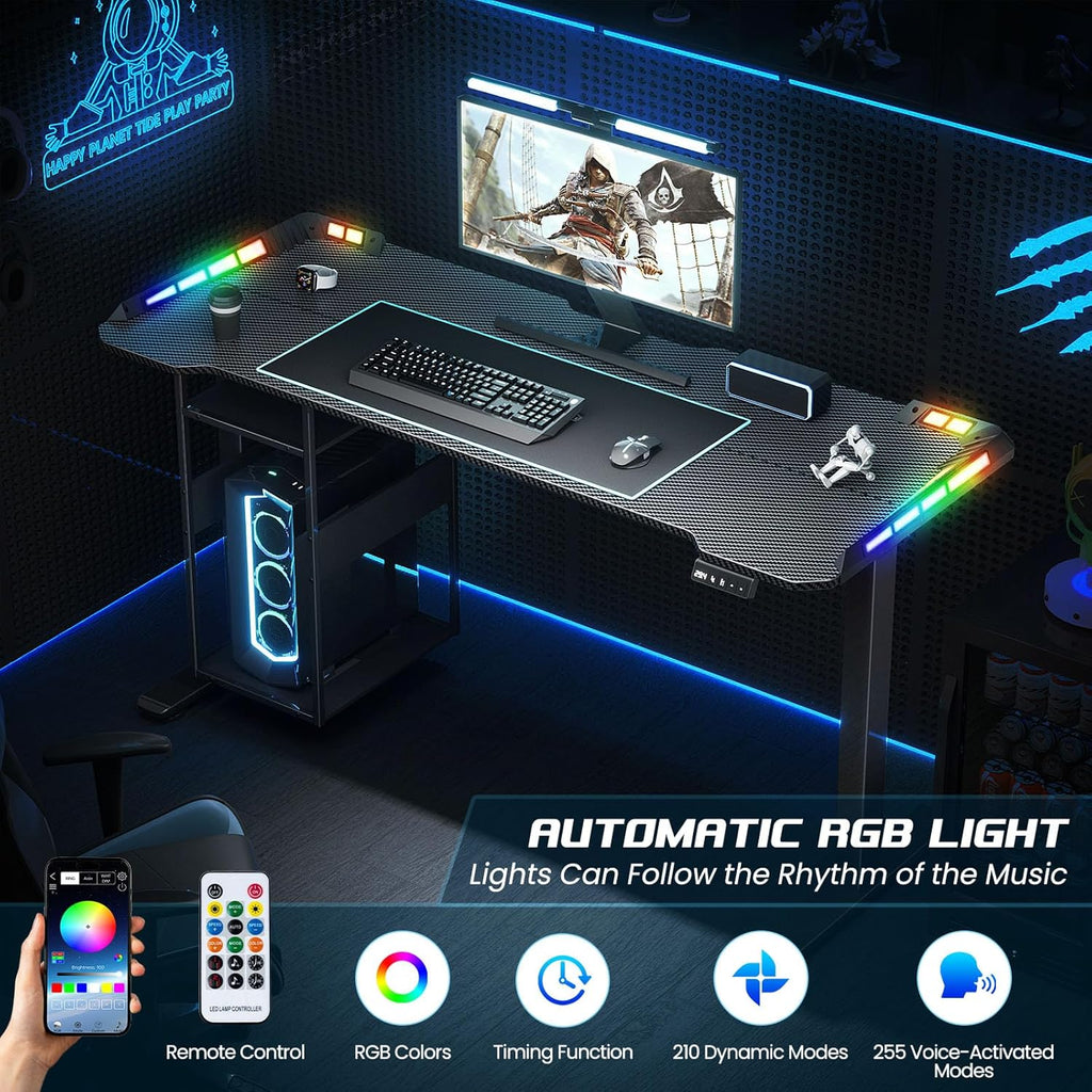 55" x 24" Electric Gaming Standing Desk with LED Lights & Host Shelf | Gaming Desk with Music Sensing APP Control
