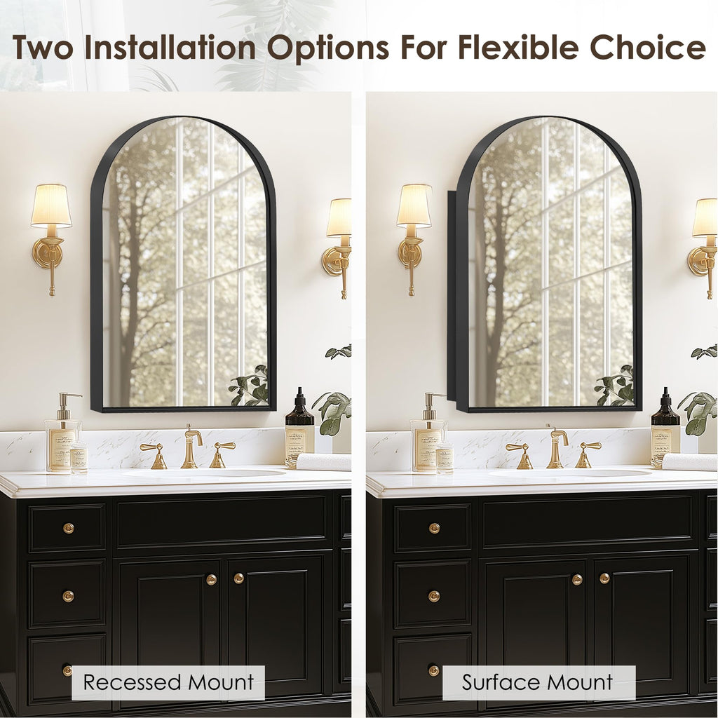 36x24 Inch Arched Bathroom Medicine Cabinet with Mirror Black