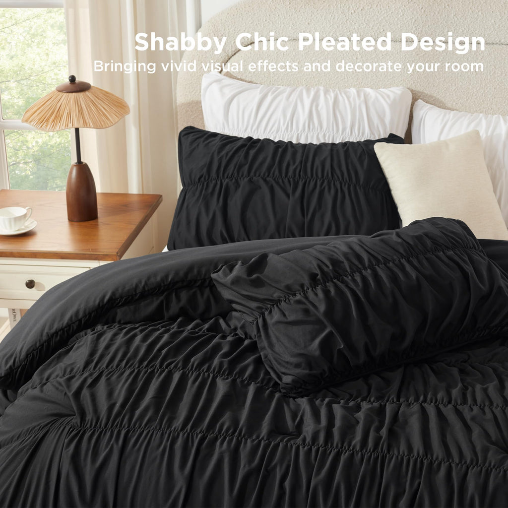 Ruched Black Comforter Set, Boho Ruffle 3 Pieces