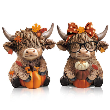 2 Pcs Fall Highland Cow Figurines Resin, Autumn Tabletop Decor