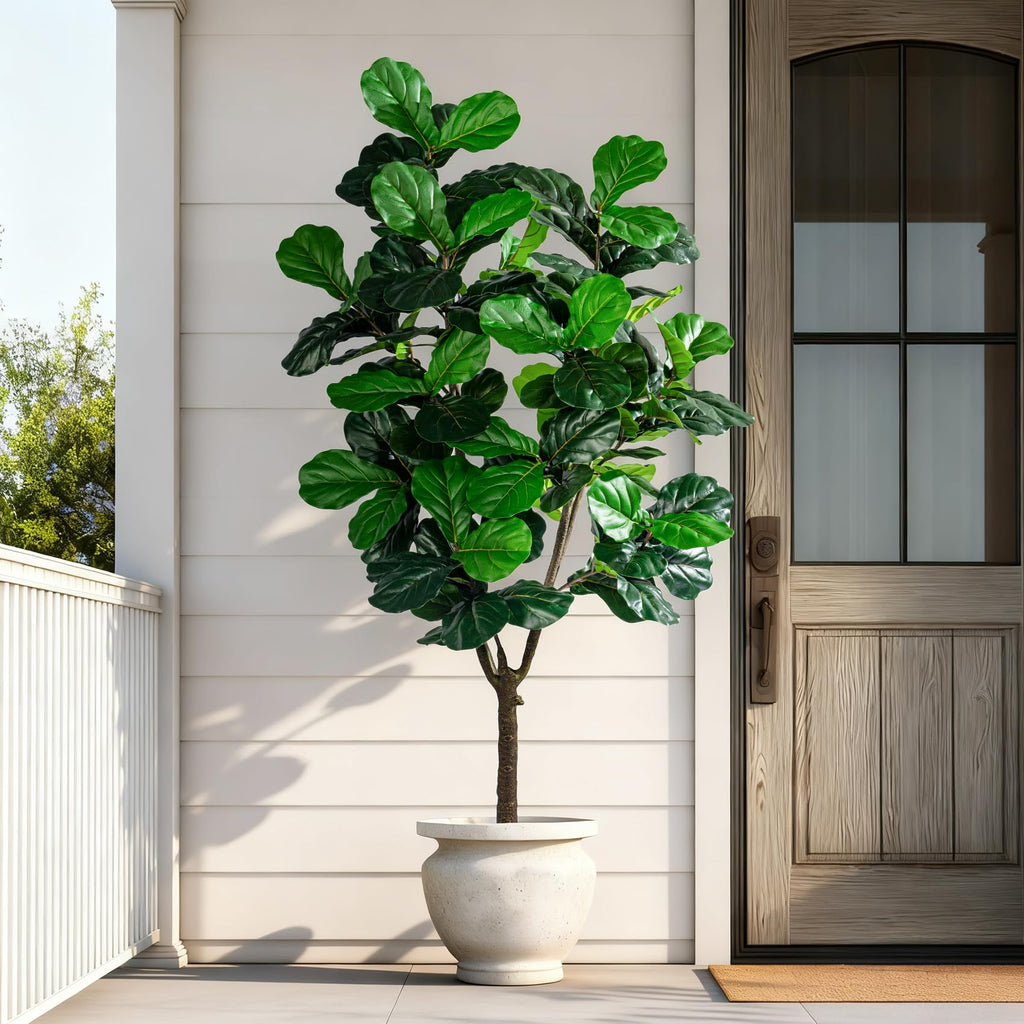 Artificial Fiddle Leaf Fig Tree 7ft with White Planter Realistic Fiddle Leaf Lyrata Plant Tall Fake Tree with