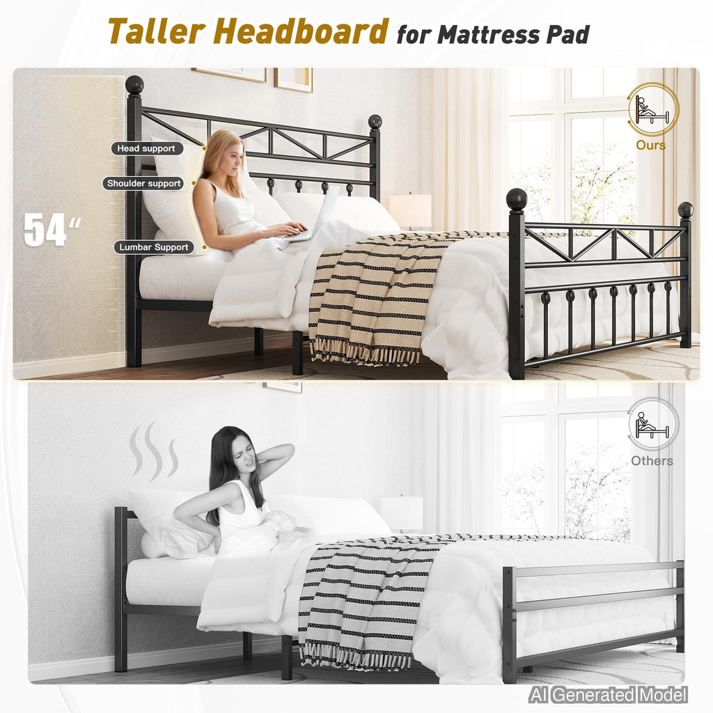 Victorian Metal King Size Bed Frame, Black, 54-Inch Tall Headboard